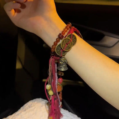 Chinese Feng Shui Shangui Coin Bracelet Tibetan Bell Tassel Lucky Rope