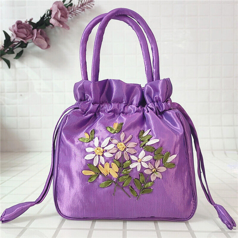 Women Ethnic Embroidered Floral Satin Handbag Girls Drawstring Tote Hanfu Bag