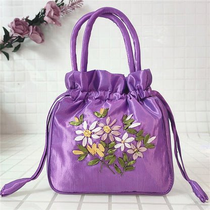 Women Ethnic Embroidered Floral Satin Handbag Girls Drawstring Tote Hanfu Bag