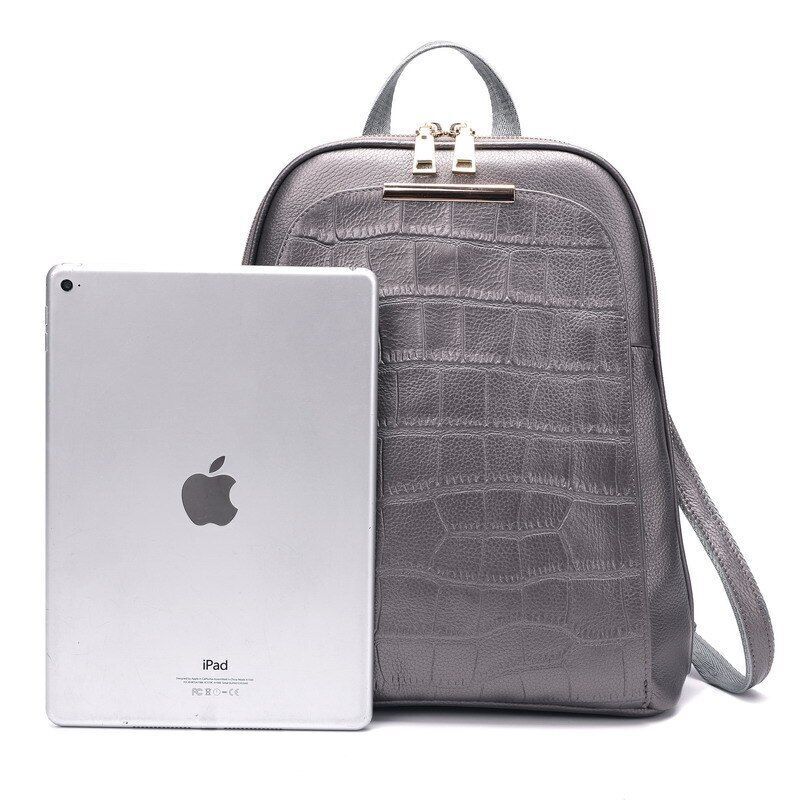 Genuine Cow Leather Everyday White Silver Backpack Book Bags 25x32x11CM Red/Blue