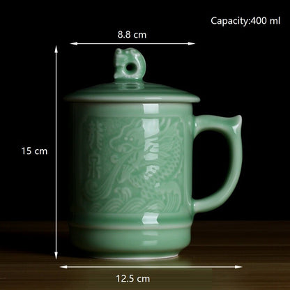 China Dragon Porcelain Tea Cups with Lid Coffee Mug Gift 13.5oz Office Water Cup