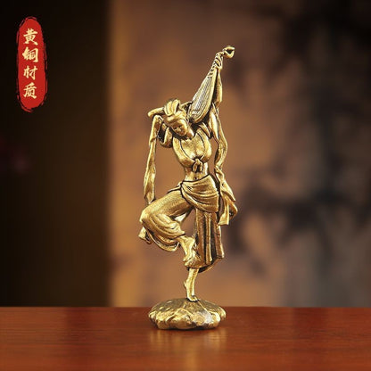 Brass Pipa Fairy Statue 9.7cm Flying Goddess Ornament Retro Copper Craft Gift