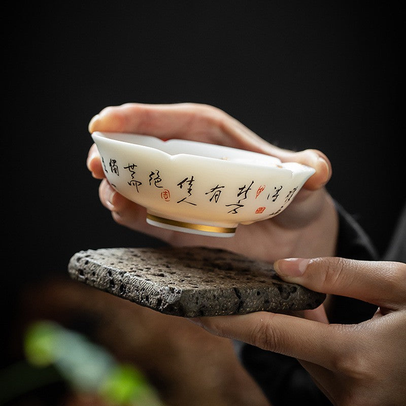 Suet-fat Jade Porcelain Peking Opera Tea Cup Ceramic Petal Pu'er Master Cup 70ml