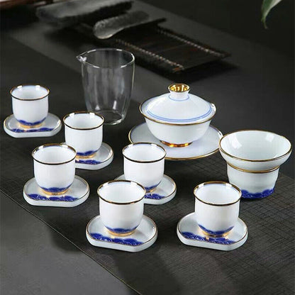 Luxury Chinese Top White Porcelain Pu'er Tea Set Gaiwan Tea Cup Saucer Pitcher