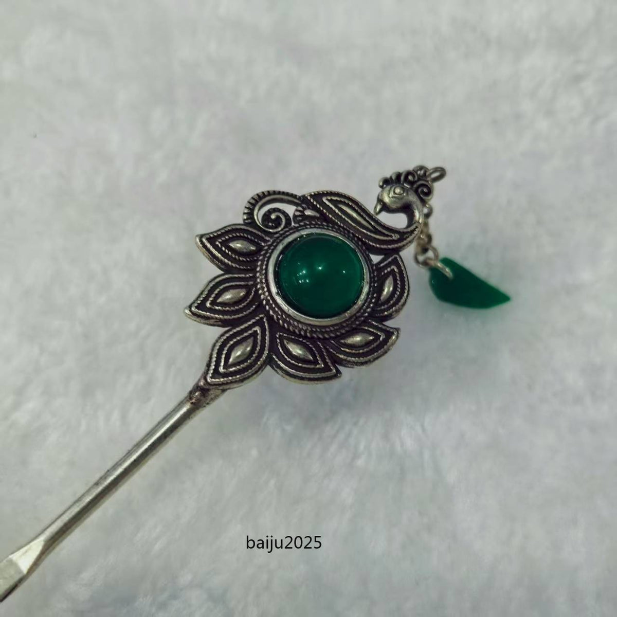 Green Jade Inlaid Old Tibetan Silver Hairpin,Chinese Old Craft Made A