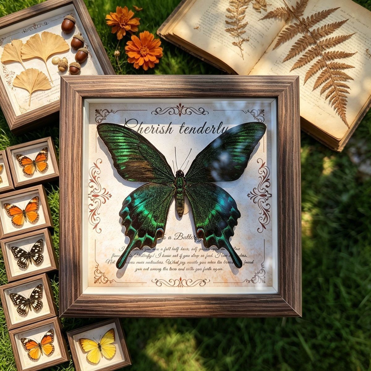 Real Green Swallowtail Butterfly Taxidermy Wooden Frame Vintage Home Gift