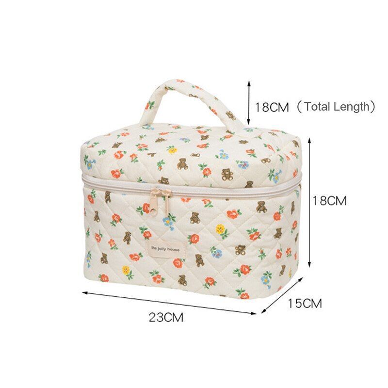 Little Bear Flower Cosmetic Bag Quilted Cotton Case Pouch Zipper Flip Large Bag