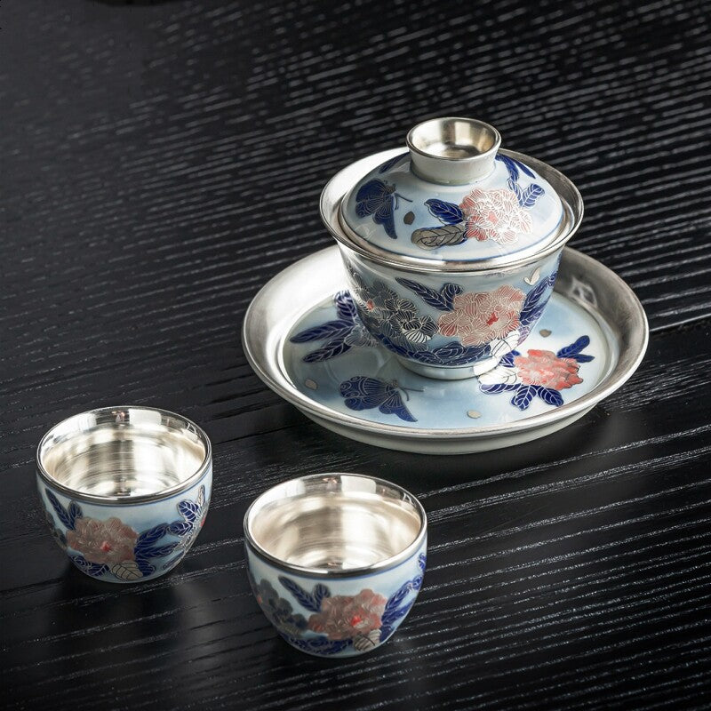Boutique Tea Set Ceramic Pure Silver Tea Pot Gaiwan Matching Tea Cup Handpainted