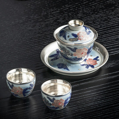 Boutique Tea Set Ceramic Pure Silver Tea Pot Gaiwan Matching Tea Cup Handpainted