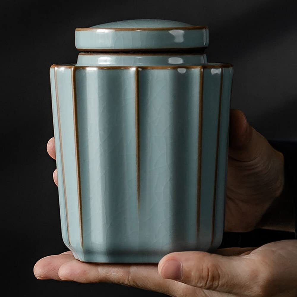 11.6cm Chinese Ru Kiln Tea Caddy Ceramic Storage Tank Tea Jar Decor Ornaments