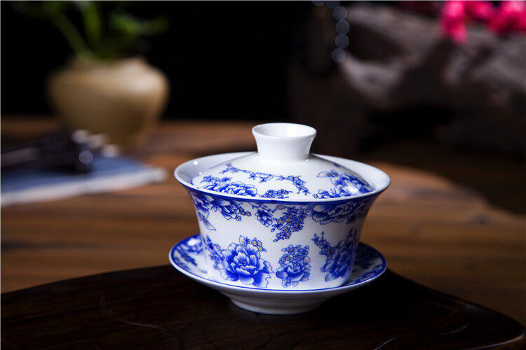 300ml Ceramic Tureen Bone China Tea Bowl Cup Blue-and-white Porcelain Gaiwan Cup