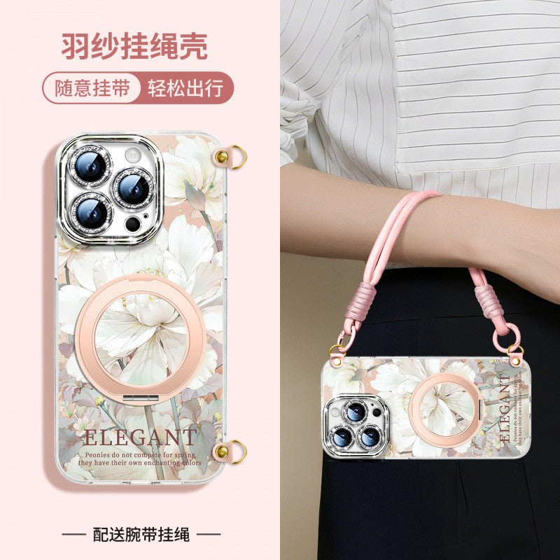 For iPhone 16 Pro/15/14/13 Flower Phone Case with Lanyard/Stand/Crossbody Strap