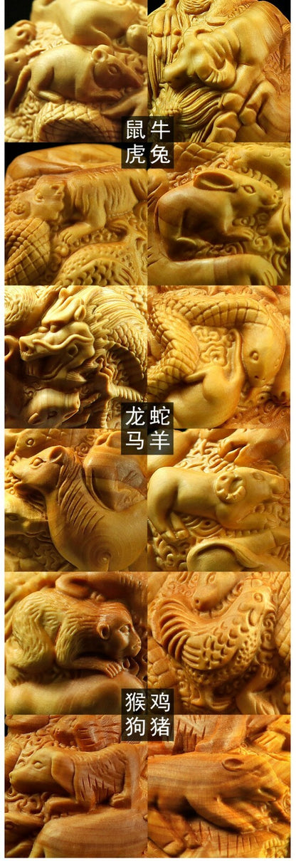 Boxwood Ball 12 Zodiac Animals Carved Health Stress Relief Hand Massage Exercise