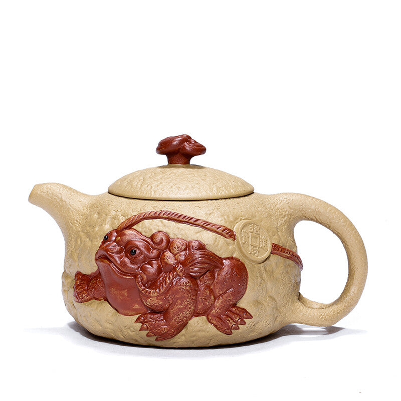 Handmade Tea Pot 9 Infuser Holes Yixing Zisha Duan Clay Frog Carved Relief Pot