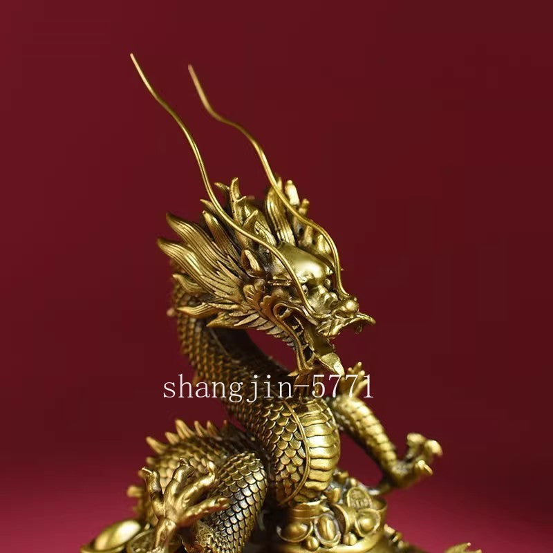 9.5" Brass Carved Chinese Dragon Statue Holy Beast Wealth Feng Shui Home Decor