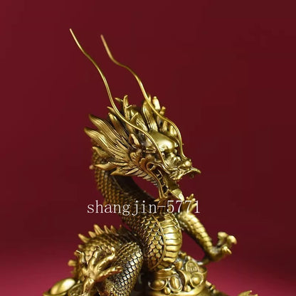 9.5" Brass Carved Chinese Dragon Statue Holy Beast Wealth Feng Shui Home Decor