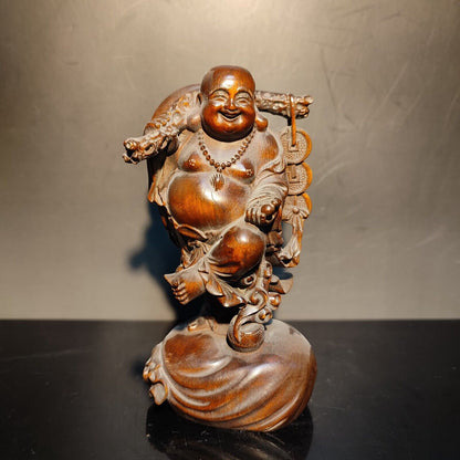 Boxwood carving wooden buddha statue laughing Amitabha sculptures decor figurine