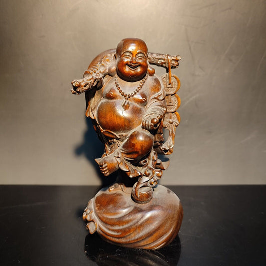 Boxwood carving wooden buddha statue laughing Amitabha sculptures decor figurine