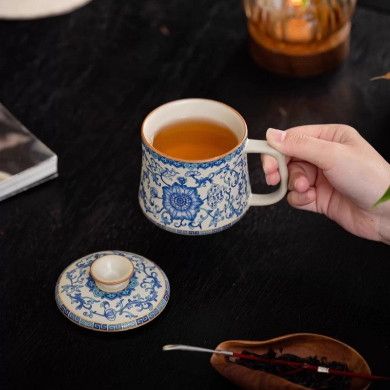 Ceramic Tea Cup With Handle Lid Blue-and-white Porcelain Office Mug Ruyao Craft