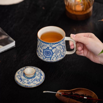 Ceramic Tea Cup With Handle Lid Blue-and-white Porcelain Office Mug Ruyao Craft