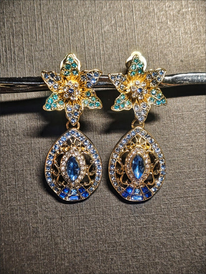 Vintage Blue Crystal Flower Jewelry Set Teardrop Necklace Earrings 2Pcs