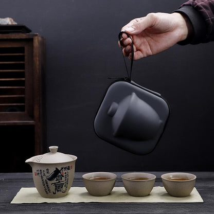 Travelling Tea Set One Pot 3 Matching Cup Portable Bag Crude Pottery Tea Set New