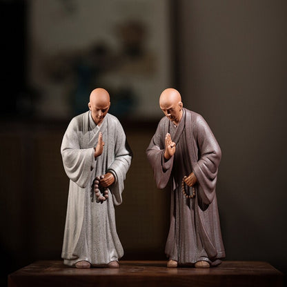 yixing zisha tea pet Buddha monk statue handmade purple clay artware shelf deco