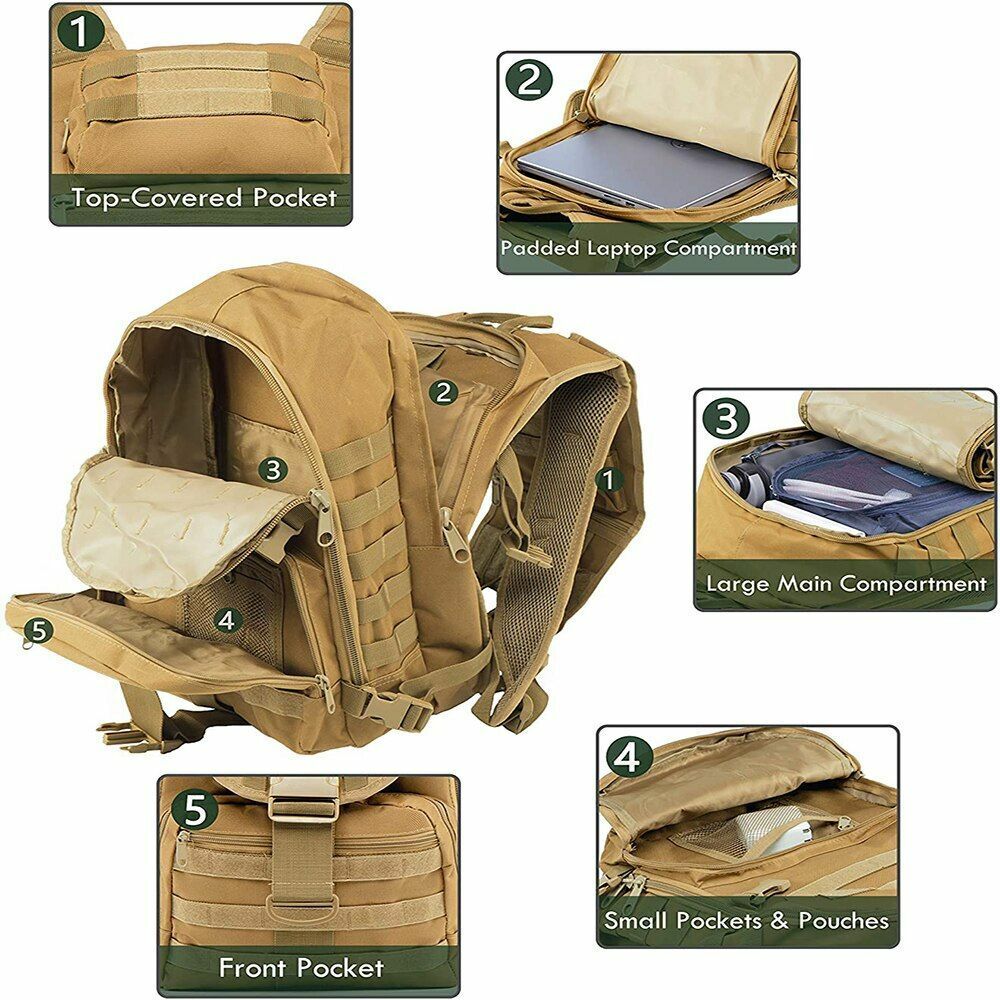 Tactical Backpack Molle Bag 35L Laptop Rucksack Survival Travelling Camping Gear