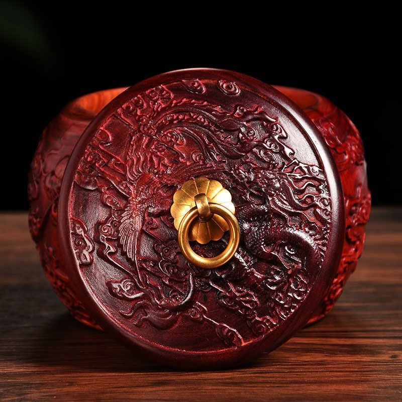 Red Sandalwood Tea Caddy Dragon Phoenix Carved Solid Wood Moistureproof Jar