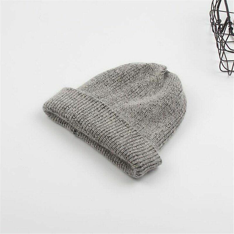 Winter Rabbit Fur Knitted Hat Solid Warm Wool Thick Beanie Bonnet White Red Gray