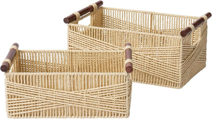Hand Woven Wicker Storage Baskets for Organizing Decoration with Wood Handles