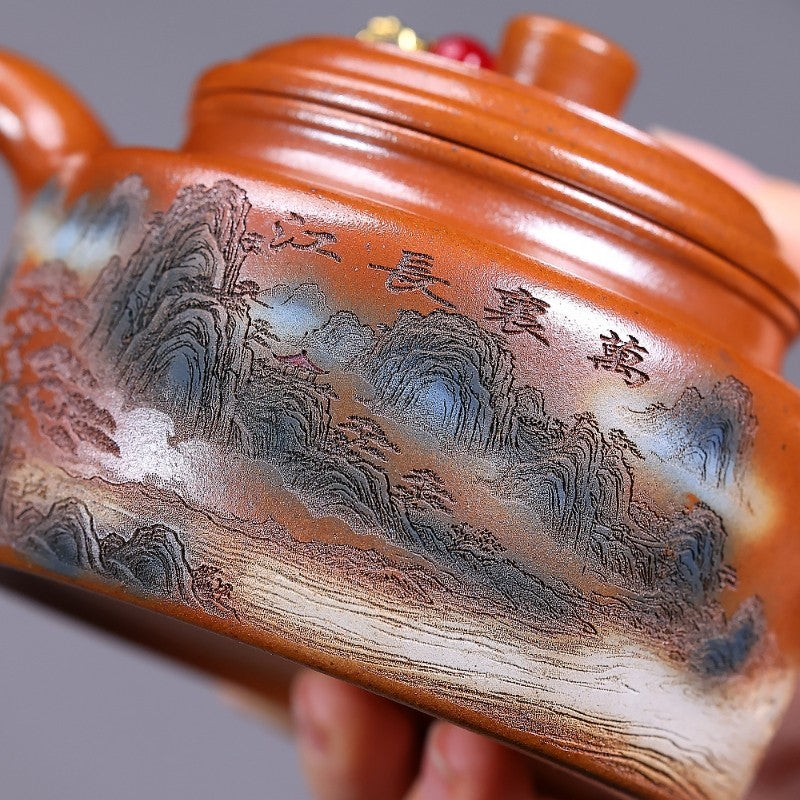 Dezhong Pot Mountain Carved Handmade Tea Pot On Sales 9 Infuser Holes Yixing Pot