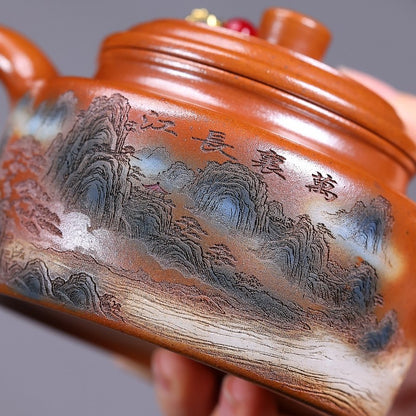 Dezhong Pot Mountain Carved Handmade Tea Pot On Sales 9 Infuser Holes Yixing Pot