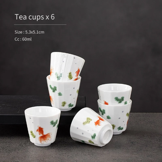 Ceramic Tea Cup Set of 6 Cute Fish Chinese Tea Cups 60ml