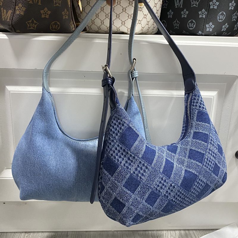 26*13*7CM Bag Handbag Purses Denim Distressed Wash Striped Plaid Shoulder Cloth