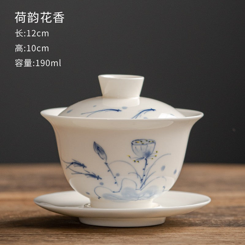 Hand Drawn Mutton-fat Jade Tea Bowl White Porcelain San Cai Gaiwan Tea Set