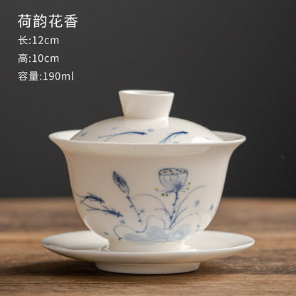 Hand Drawn Mutton-fat Jade Tea Bowl White Porcelain San Cai Gaiwan Tea Set