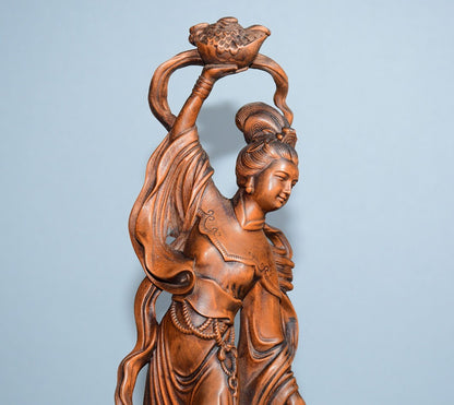 Chinese Wood Carving Beautiful Woman Fairy Boxwood Wooden Statue Vintage Carved
