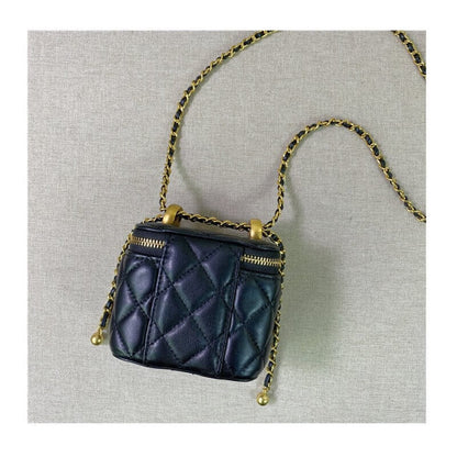 Quilted Lambskin Leather Vanity Case Adjustable Chain Crossbody Box Bag Purse