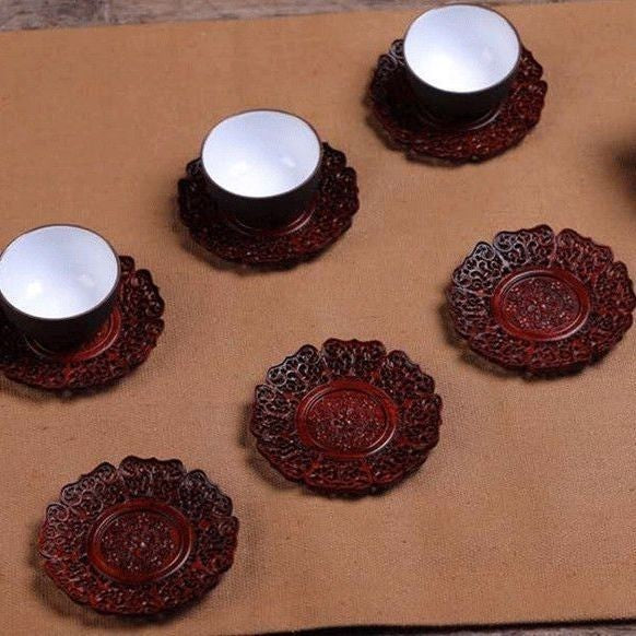 Vintage Small Leaf Rosewood Carved Tea Cup Coaster Heat Resistant Tea Tray 6cm