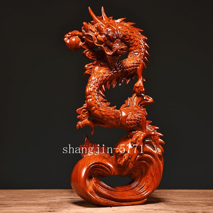 Feng Shui Dragon Statue Chinese Wood Figurine for Wealth & Luck Home Decor