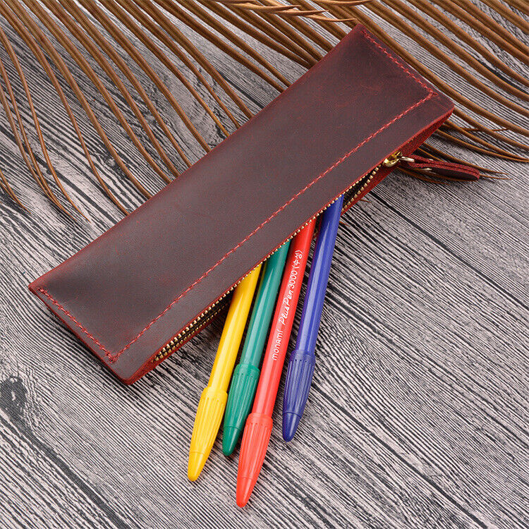 Handmade Cowhide Leather Pen Bag Zipper Pencil Case Vintage Stationery Storage