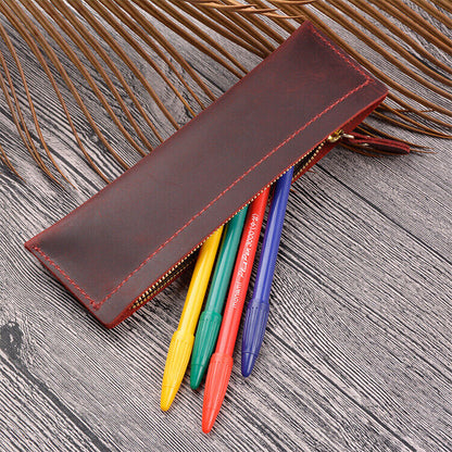 Handmade Cowhide Leather Pen Bag Zipper Pencil Case Vintage Stationery Storage