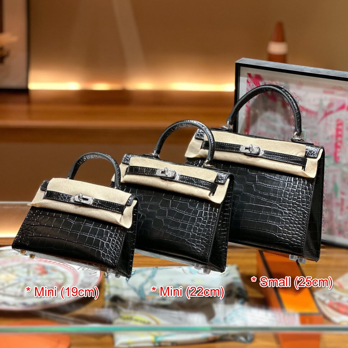 19/22/25cm Croc Effect Real Leather Flap Shoulder bag Tote Clutch Purse Fashion