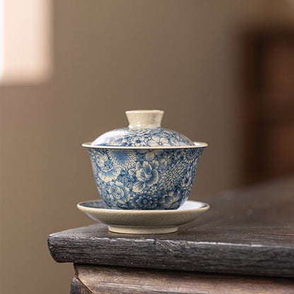 Ru Kiln Blue and White Covered Bowl San Cai Tea Bowl Ceramic Household Tea Set