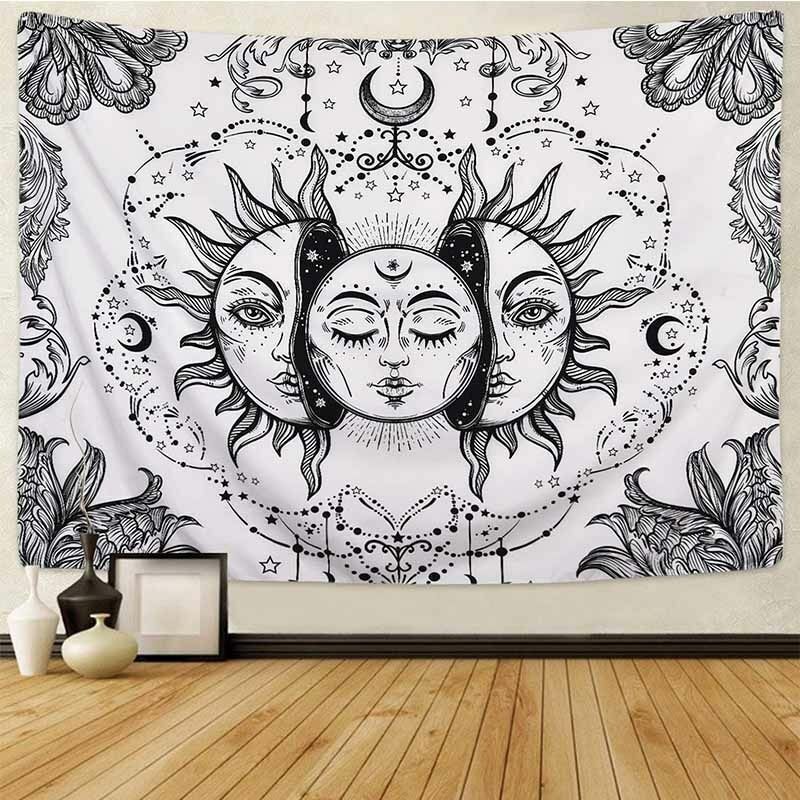 Psychedelic Tapestry White Black Sun Moon Mandala Wall Hanging Celestial Hippie