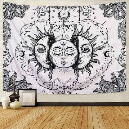 Psychedelic Tapestry White Black Sun Moon Mandala Wall Hanging Celestial Hippie