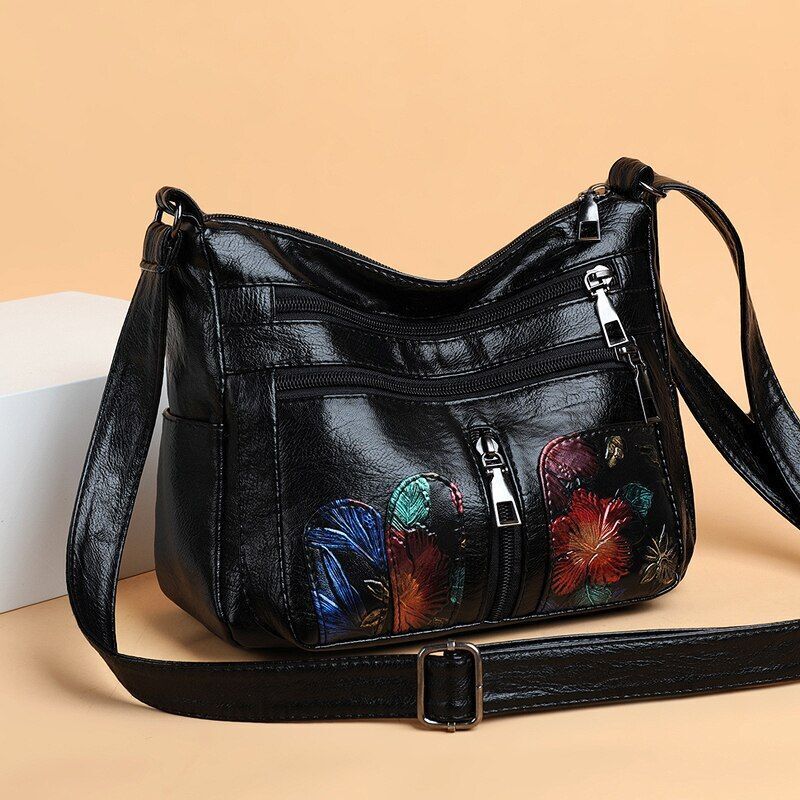 Soft Leather Messenger Shoulder Handbag Purse Flowers Multi-pocket Crossbody 1PC