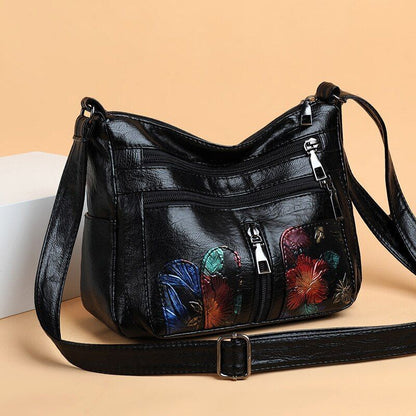 Soft Leather Messenger Shoulder Handbag Purse Flowers Multi-pocket Crossbody 1PC