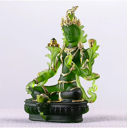 12.8cm Glass Green Tara Buddha Statue Chinese Zen Temple Feng Shui Ornament